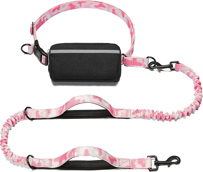 Hands Free Dog Leash with Zipper Pouch, White-Pink Mix, Large | Waist Leash, Dual Padded Handles, Shock-Absorbing Bungee, Adjustable Waist Belt, Walking and Running by iYoShop