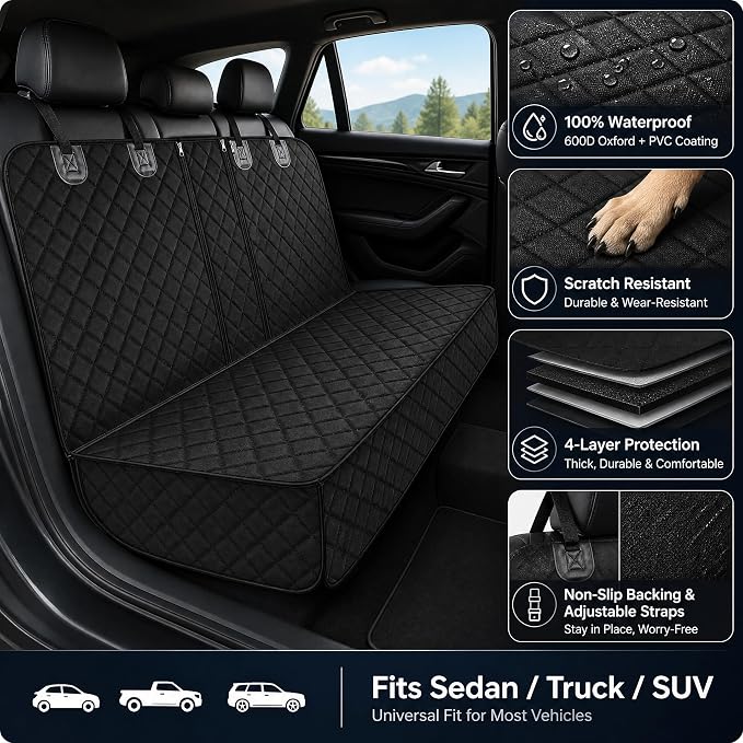 SNZ Dog Car Seat Cover for Back Seat, Waterproof Pet Seat Protector | Scratch-Resistant, Durable Bench Backseat Covers (53” Width) for Most Cars, Trucks & SUVs, Dog Seat Belt & Bowl Included - Image 2