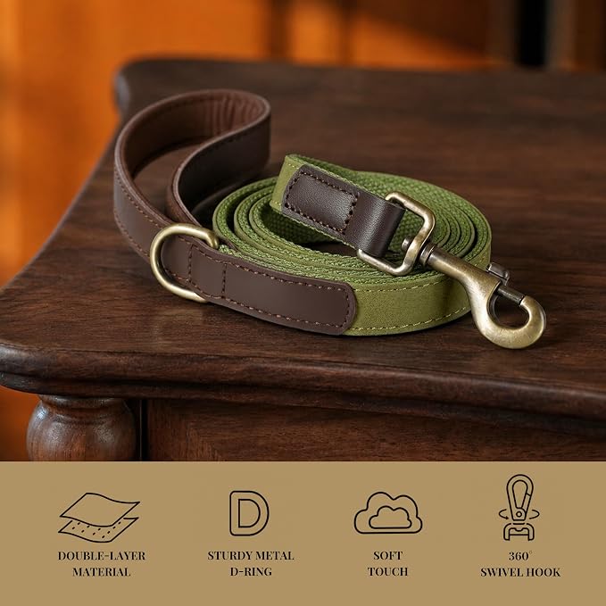 PU Leather Dog Leash for Small Dogs, 5ft Padded Handle, Olive Green | Comfortable Grip for Daily Walking Training, Full Control, Metal D-ring, Tangle-Free 360° Swivel Clasp, Easy to Clean, 5/8in - Image 4