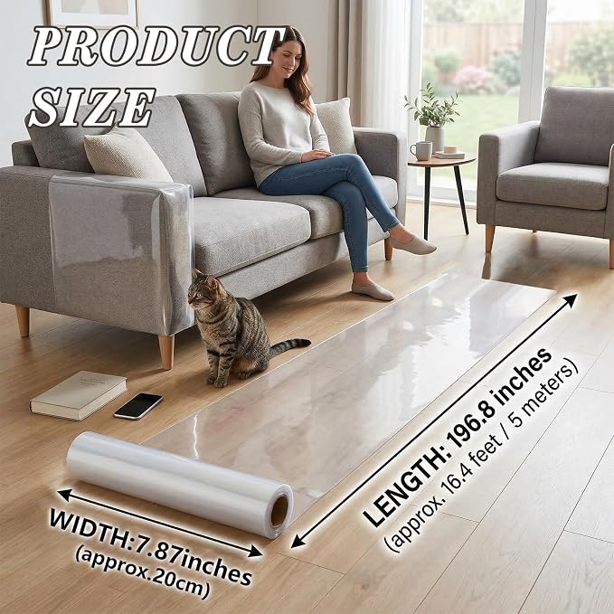 Cat Scratch Furniture Protector, Clear Flexible Plastic Adhesive Cover, Single Side Sticky Sofa Couch Guard, 7.87 x 196.8 Inches - Image 3