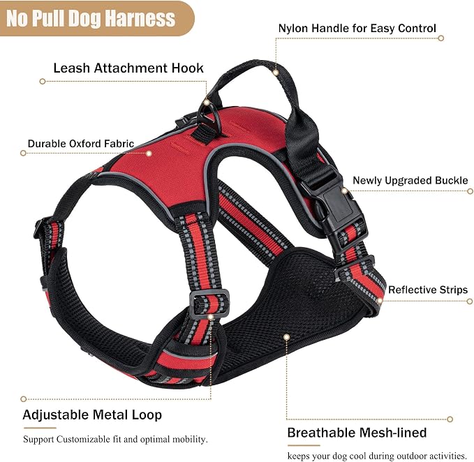 No Pull Dog Harness, Adjustable Reflective Front Clip Pet Vest with Easy Control Handle for Medium Large Dogs (Red,M) - Image 2