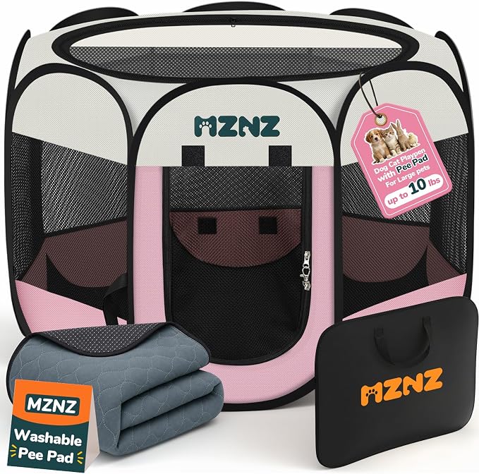 Dog Cat Small Animal Puppy Playpen Crate with Pee Pad, Small, Pink | Portable Pop Up Pet Cage Enclosure Tent Kennel Indoor Outdoor with Carrying Case, No Assembly, Camping Use by MZNZ