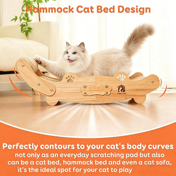 Large Sisal Cat Scratch Pad, Nartural Soild Wood Cat Scratcher Bed with Sisal Scratching Felt and 4 Balls for Indoor Cats Scratch & Lounger & Sleep (Large Size, Nature Wood) - Image 5
