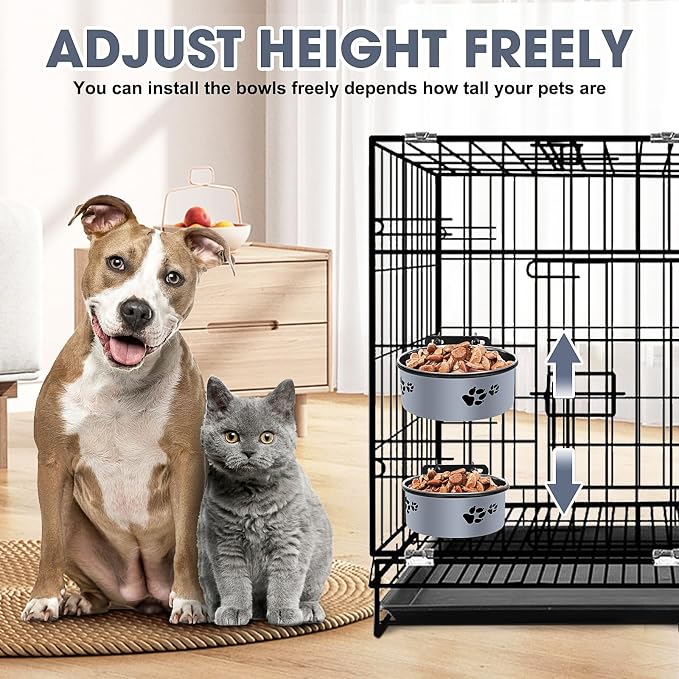 Hanging Dog Bowls for Kennel, 2 Pack Food and Water Bowl, 34oz &25oz | Stainless Steel Attachable Dog Bowls for Crates, No Spill for Medium and Small Sized Dogs (6.2x2.6” & 5.5x2.4”) - Image 5
