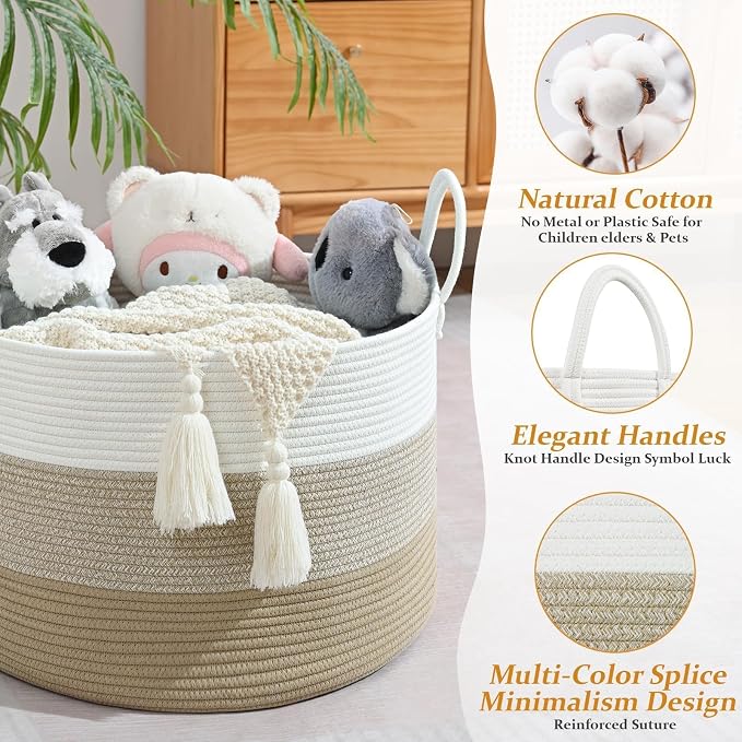 67L Large Woven Blanket Basket, Cotton Rope Baby Laundry Hamper with Handles, Kids Toy Basket for Classroom & Nursery, Soft Round Stuffed Animal Storage, Dog Toy Bin - 20"x13", Gradient Brown - Image 3