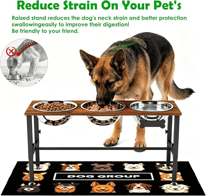 SHAINFUN Adjustable Height Elevated Dog Bowl Stand for Large & Extra Large Dogs – Wooden Raised Dog Bowls with Three 101oz Stainless Steel Bowls & Mat, Stainless Steel Food & Water Station - Image 2