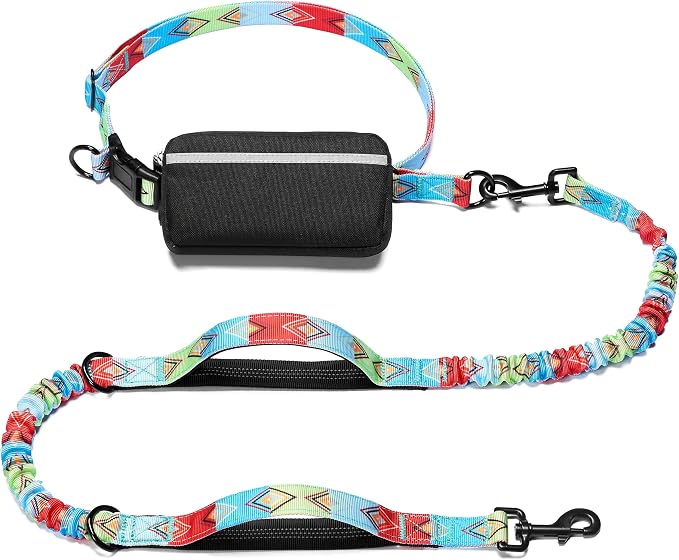 Hands Free Dog Leash with Zipper Pouch, Colorful Rhombus, Large | Waist Leash, Dual Padded Handles, Shock-Absorbing Bungee, Adjustable Waist Belt, Walking and Running by iYoShop