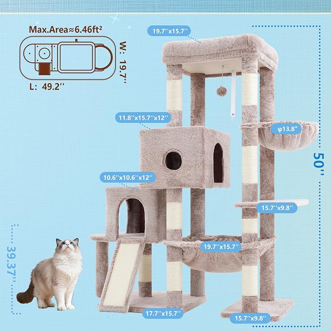 Hey-brother Cat Tree Tower with Plush Steped Condos, Big Platform, MPJ071MU | 50 Inches Tiered Climbing Cat House with Sisal Scratching Posts, Spacious Hammock, Cozy Basket for Indoor Cats, Muchroom - Image 2