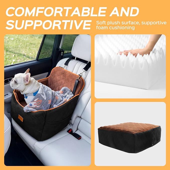 HiPetpy Dog Car Seat 6" Elevated Memory Foam Booster Seat for Small Medium Dogs Under 35 lbs with Pet Blanket, Washable Pet Car Seat with Safety Leash, Anti-Slip Base and Storage Pockets - Image 4