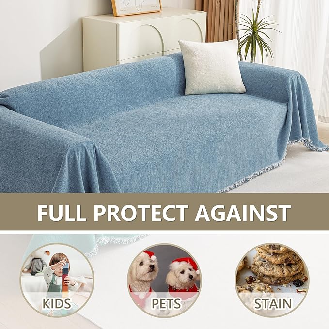 MYSKY HOME Chenille Couch Cover, Sofa Slipcover for 2-3 Cushion Sectional Couch, Machine Washable Soft Furniture Protector with Tassels, Futon Sofa Covers, Throw for Dogs, Kids 71" x 150", Blue - Image 4