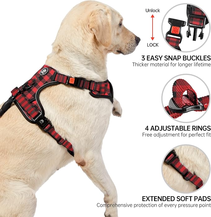 NESTROAD No Pull Dog Harness with Leash, Reflective No Choke Pet Vest Harness,Adjustable Soft Padded Dog Harness with Easy Control Handle for Large Dogs(Checkered Red,Large) - Image 4