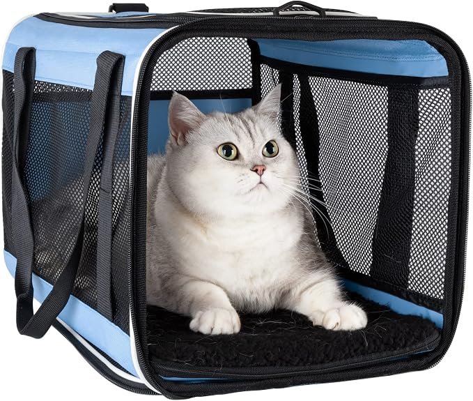 Soft Pet Carrier for Large and Medium Cats, 2 Kitties, Small Dogs. Easy to Get Cat in, Great for Cats that Don't Like Carriers (Blue) by petisfam