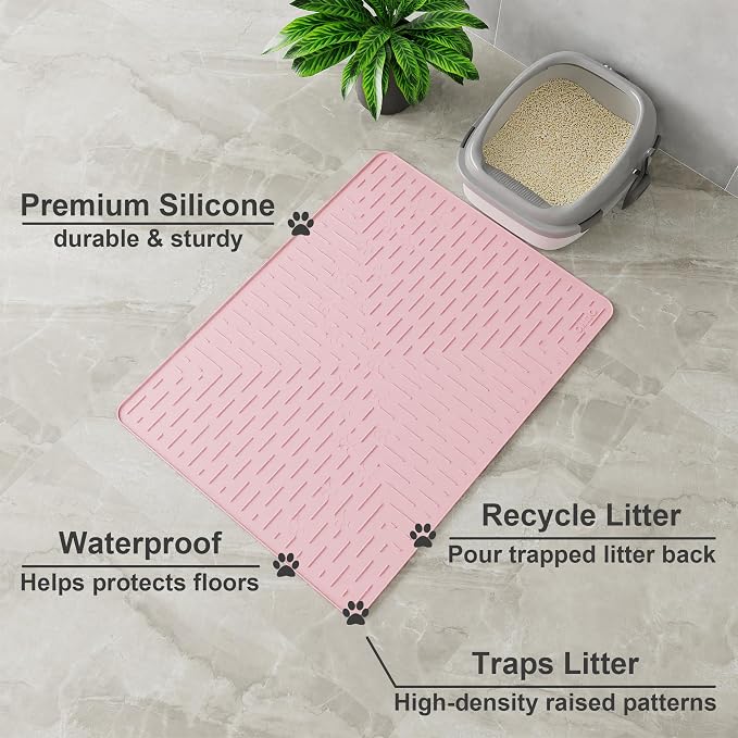 Large Cat Litter Mat, 31.5x23.6 Silicone Trapping Mat Pink | for Kitty Litter Box, Easy Clean, BPA Free Rubber, Center Litter Collection, Easy Pour-Back, Waterproof, Odor-Resistant - Image 2
