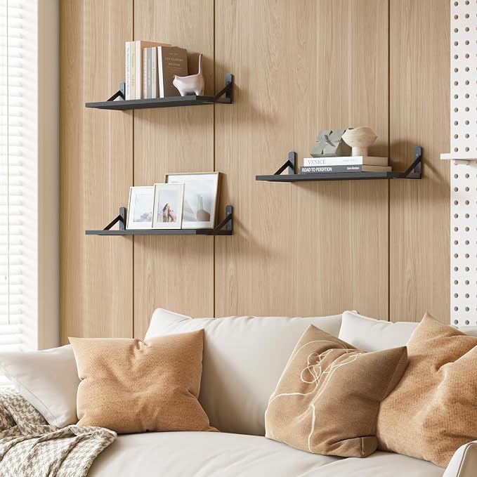 YGEOMER 16.5in Floating Shelves for Wall Home Decor, Black Set of 6 | Rustic wood shelves with metal brackets. Space-saving for books & decor. Works in bathroom, kitchen, living room & bedroom. - Image 5