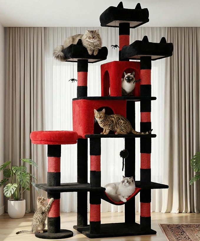 Gothic Cat Tree, 71 Inch Heavy Duty Cat Trees for Large Cats | Tall Cat Tree Tower with Extended Base, 2 Condos, 3 Perches, 9 Sisal Posts & Hammock for Indoor Adult Cats, Black Red - Image 8