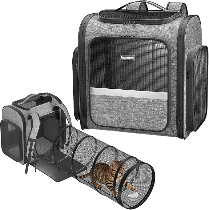 Pawtners Cat Backpack with Play Tunnel, Design for Carrying Playing Grey | Expandable, Foldable, Breathable, Large Space, Durable, Perfect for Cat Small Dog, Travel Hiking Camping Walking Car by Pawtners