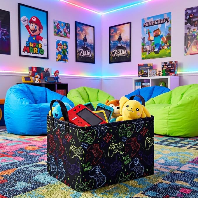 MAIZMZ Game Controller Storage Bin, Waterproof Linen Laundry Basket with Handles for Game Room Bed, Gifts,Toys - Image 3