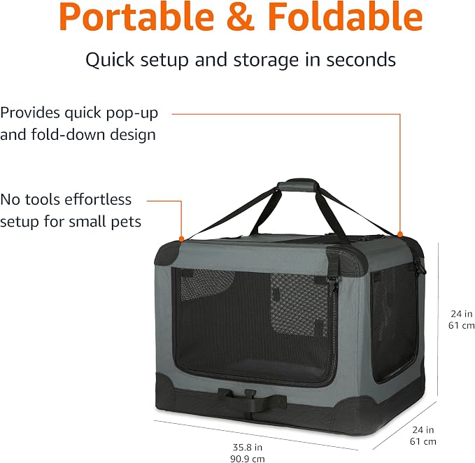 Amazon Basics 4-Door Portable Folding Soft Dog Crate, Collapsible Travel Kennel for Cat, Dog, and Small Animals, Pop Up with Fleece Mat, Water-Resistant Base, Grey, 36" x 24" x 24" - Image 4