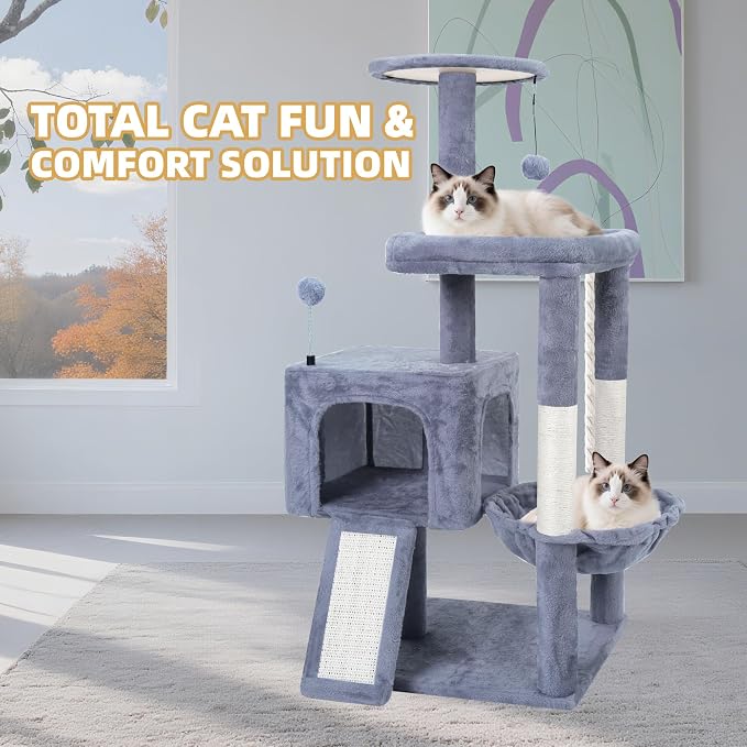 TWDEPART 37.5" All-in-One Cat Tree Tower with Scratching Board & Posts Cozy Sleeping Perch Hammock and Toy Balls,Grey - Image 8