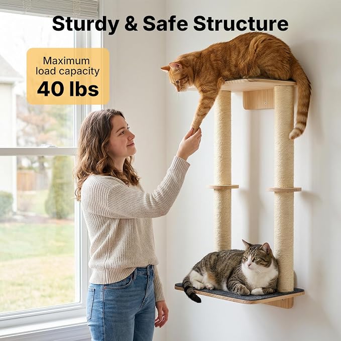 Veehoo Cat Wall Shelves, 28.3" Cat Wall Furniture with Scratcher | Cats wall climber, Dual sisal scratching posts, Carpeted perch, Easy installation, Drywall mounting - Image 5