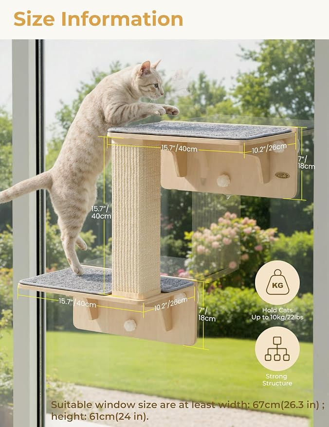 Pecute Double Cat Shelves with Scratching Post for Wall & Window | Solid Wood Frame, Strong Suction Cups, Washable Cover Mat, Cats Perch Bed for Birds Watching Inside, Indoor Cat Hammock Bed - Image 3