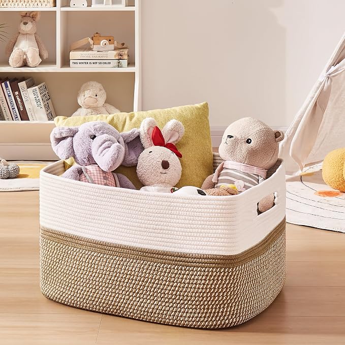 OIAHOMY Blanket Basket Laundry Basket Dog Toy Basket 75L Yellow/White | Large Storage Basket,Baby Basket,Toy Storage,Woven Rope Basket for Blankets,Blanket Storage for Living Room - Image 5
