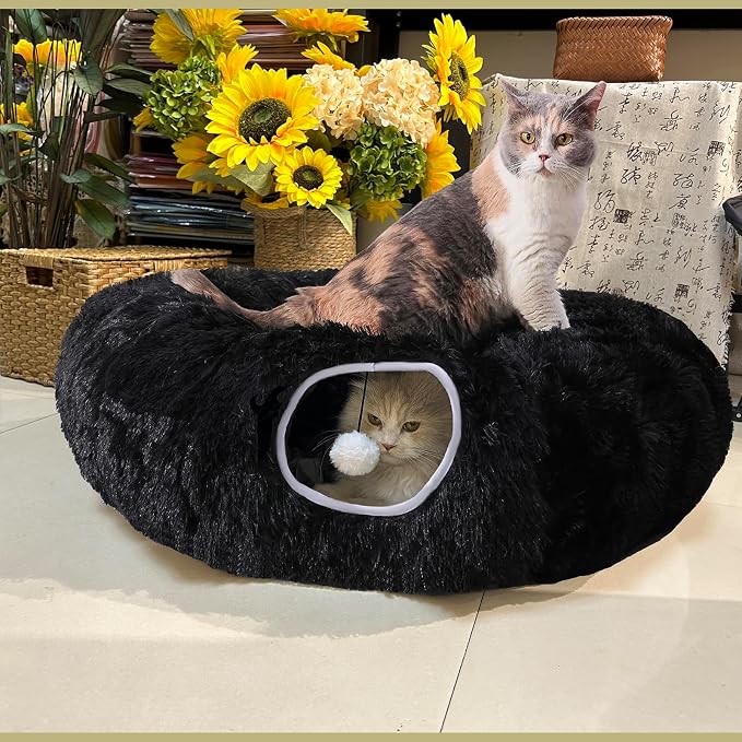 Cat Bed Tunnel Tube Toy Black Plush | Round, Collapsible Pet Tunnels for Indoor Cats, Interactive Toys Play Tubes with Hanging Ball for Kitten, Puppy, Rabbit - Image 2