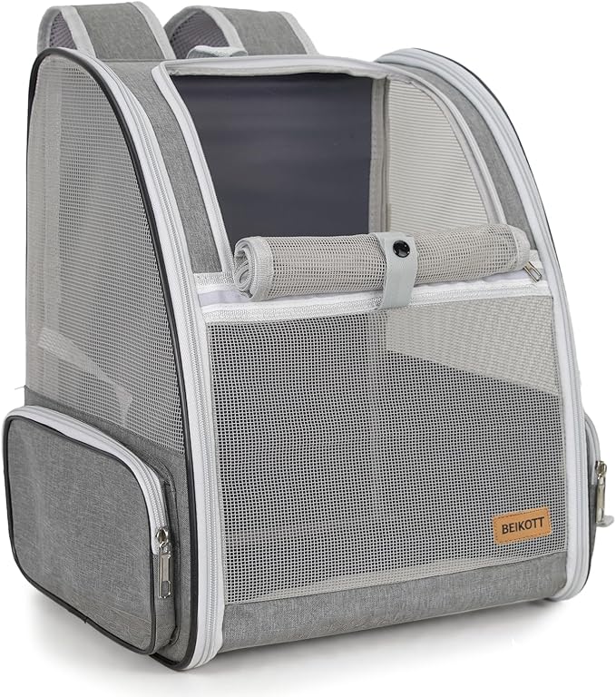 Cat Dog Backpack 12.6"×11.4"×16.5" Large Breathable Pet Bag Carrier | Full Mesh Ventilation, Roll-Up Front Door, Padded Straps, Side Storage Pockets for Walking, Driving, Vet & Outdoor Trips by BEIKOTT