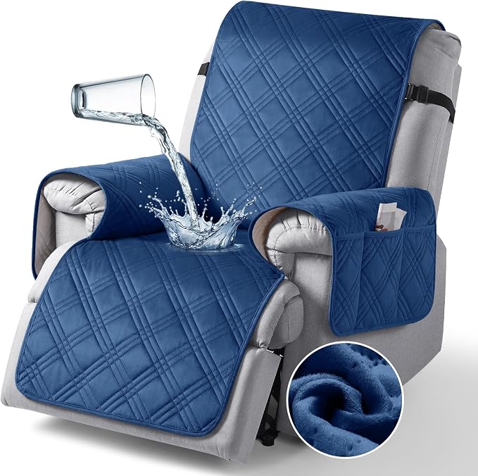 TAOCOCO 100% Waterproof Recliner Chair Cover, Recliner Covers for Recliner Chair with Pocket, Non Slip Reclining Chair Cover Furniture Protector for Kids, Pets(30'', Dark Blue-Velvet) - Image 8