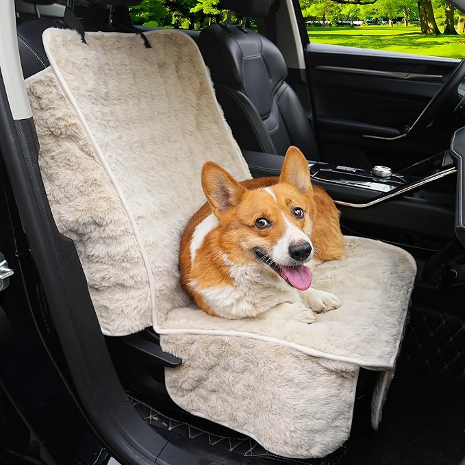 Dog Car Seat Cover, Waterproof Plush Pet Seat Protector, Beige, Front Seat | Faux rabbit fur, waterproof layer, non-slip silicone backing, side flaps, machine washable, fits most cars and SUVs by AEEISHOMEREFORM