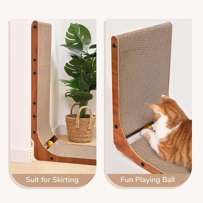 FUKUMARU Cat Scratcher for Indoor Cats, 26.8 Inch Cat Scratch Pad L Shaped | Cardboard Cat Scratcher, Vertical Cat Scratching Board with Ball Toy, Walnut Color, 1 Pack - Image 6