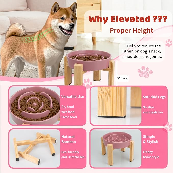 Elevated Slow Feeder Dog Bowl, 8.8" Ceramic Maze Dog Bowl with Stand | 3.2 Cups Slow Feeding Dog Dish for Fast Eaters, 7" Tall Anti-Slip Raised Slow Feeder for Medium to Large Breeds, Pink - Image 3