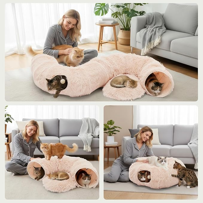 DUMOS Cat Tunnel Bed for Indoor Cats, Cave Donut Play Tunnel, Cream White | Soft Plush Peekaboo, Washable Circle Cushion, Multifunctional Playground Under Tree Toys for Kittens, Puppy, Rabbit, Ferret - Image 6