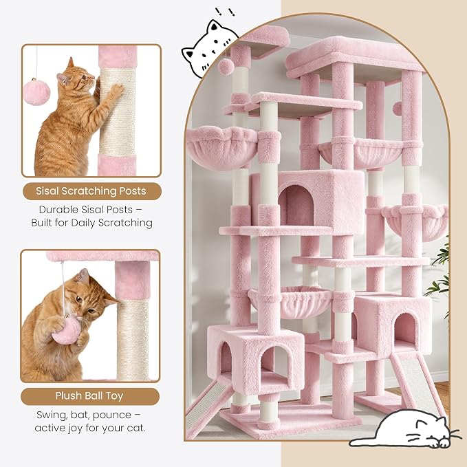 Sha Cerlin 87 in Multi-Level Tall Cat Tree Tower for Large Cats/Extra Wide Feline Activity Center/Sisal Scratching Posts/Wide Base/Cozy Plush Perches/Baskets/Hammocks/Toy Balls/Pink - Image 7
