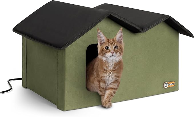 K&H Heated Cat House, Outdoor Extra-Wide Kitty House, Safety Listed, 20W | Heated Cat House for Outside, Weatherproof Shelter for Ferals, Insulated Shelter, 2 Doors, Waterproof Kitty Bed, Olive by KHPetProducts