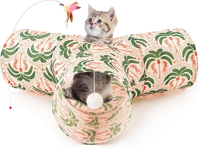 Tempcore Cat Tunnel for Indoor Cats, 3 Way Collapsible Pet Play Tunnel with Teaser Wand, Peek Holes & Hanging Ball, Interactive Tube for Kittens & Rabbits, Khaki Coconut Tree by Tempcore