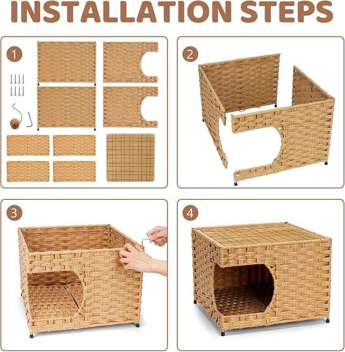 Cat House for Indoor Cats - Wicker Cat Bed with Double-Sided Soft Cushion, Decorative Handwoven Pet Bed Furniture - Image 4