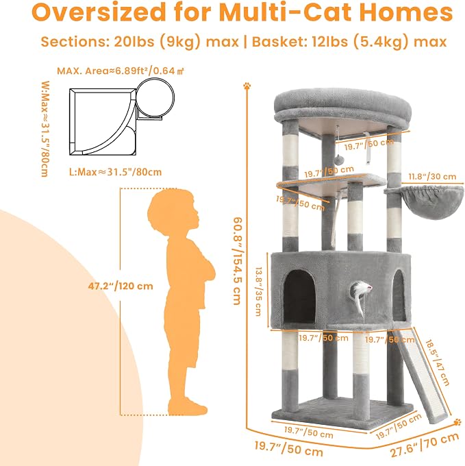 Cat Tree, 61 Inch Tall Cat Tower, Diamond-Shaped Cat Cave VCT001W | Cat Condo with Wide Top Perch & Basket, Sturdy Scratching Post, Interactive Toy for Large Indoor Cats, Light Gray - Image 6