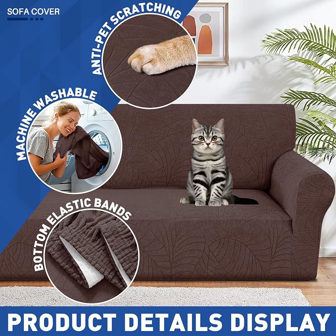 YEMYHOM Couch Cover Latest Jacquard Design High Stretch Sofa Covers for 3 Cushion Couch, Pet Dog Cat Proof Slipcover Non Slip Magic Elastic Furniture Protector (Large, Begonia Leaf Coffee) - Image 4