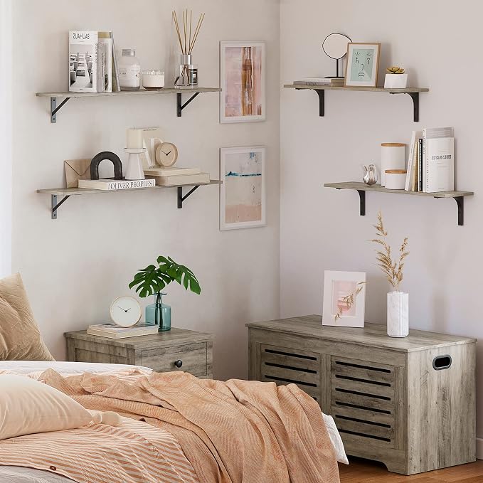 Long Wall Shelves, 23.6Inch Wooden Wall Mounted Shelves, Set of 2 | Floating Book Shelf, Metal Brackets, Easy Assembly, Max Load 22lbs, Wall Storage Ledges, Bedroom/Bathroom/Kitchen, Gray Wash - Image 4
