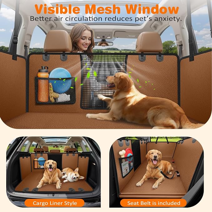 URPOWER Hard Bottom Dog Car Seat Cover for Back Seat, Waterproof Hammock | 400 lbs Support, 45% More Space, PU Leather, Waterproof, Scratch Resistant, Non-Slip, Mesh Window, Dog Seat Belt Included - Image 4