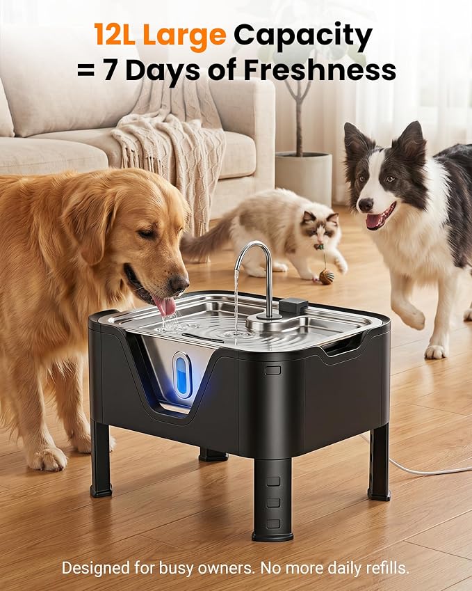 3.17Gal/ 12L Large Dog Water Fountain Elevated Dog Bowls with 3 Filters | 3-Height Adjustable Dog Water Bowl Dispenser, Quiet Stainless Steel Pet Water Fountain for Multi-Pet, Water Level Alert - Image 4