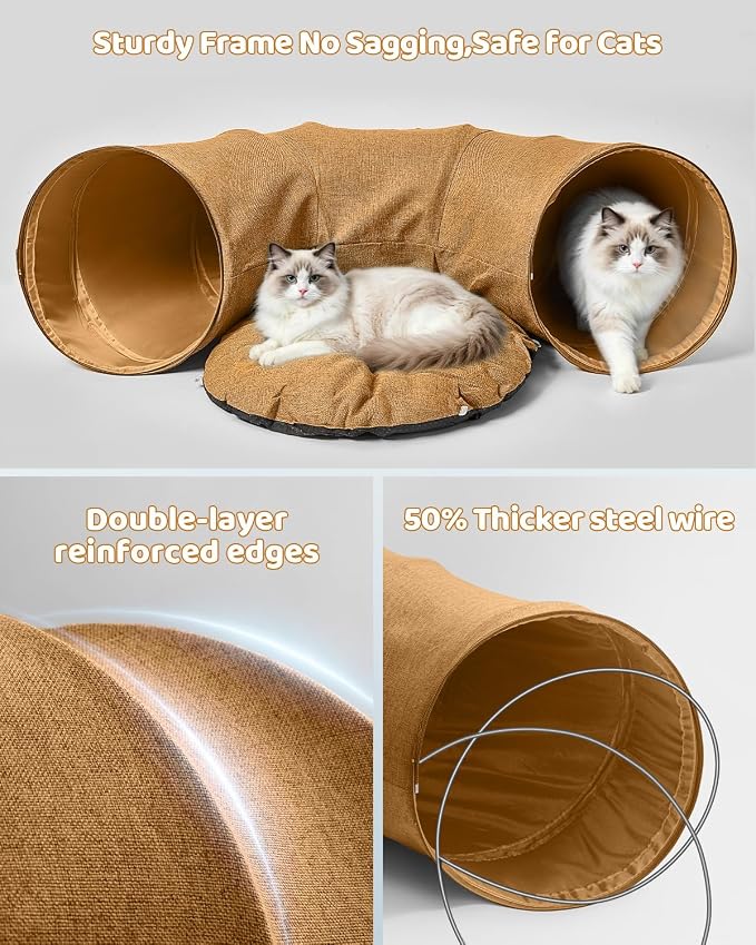 Linen Cat Tunnels with Central Cat Bed, Interactive Cat Toys Detachable Washable Soft Mat Large Indoor Play Tunnel Cave for Kittens and Small Animals - Image 5