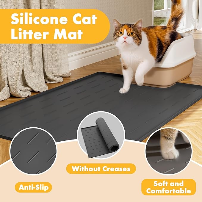 Pieviev Extra Large Silicone Litter Box Mat, Easy to Clean, 40'' x 28'' | Extra-Large Coverage Area Litter Mat, Soft on Kitty Paws, Grooves Reduce Waste, Raised Edges Trap Urine and Spills. - Image 4