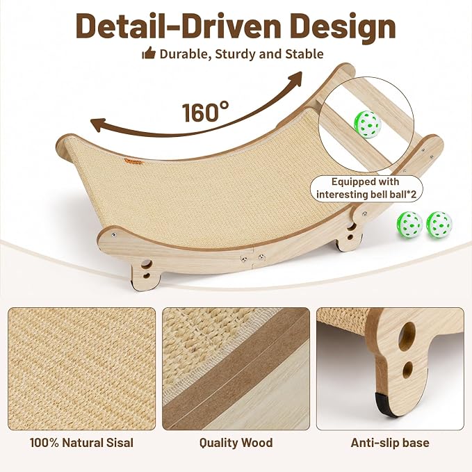 31.5" Sisal Cat Scratcher Bed with Bell Balls Wooden Cat Furniture(XXL) | Cat Scratching Post for Indoor Cats Hammock.Natural Sisal Cat Scratch.Anti Slip and Stable Without Shaking.Easy to install - Image 3