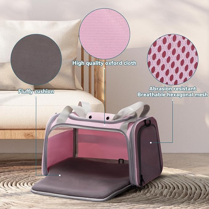 PETSFIT Cat Carrier for Large Cats, Dog Carriers for Small Dogs Under 25 Lbs, Soft Pet Carrier, Cat Crates for Indoor Cats with Cozy Extendable Mat (Large, Pink) - Image 4