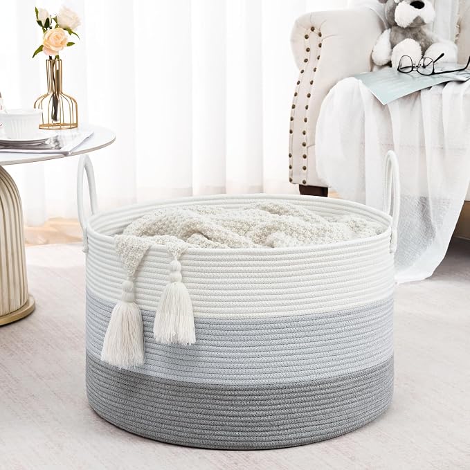 67L Large Woven Blanket Basket, Cotton Rope Baby Laundry Hamper with Handles, Kids Toy Basket for Classroom & Nursery, Soft Round Stuffed Animal Storage, Dog Toy Bin - 20"x13", Gray - Image 9