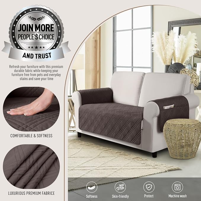 TAOCOCO Waterproof Loveseat Covers for Dogs, Non Slip Couch Cover, 2 Seater | Washable Love Seat Covers with Arms for 2 Cushion Couch, Dog Sofa Cover Protector, Pockets & Backless Design, Chocolate - Image 2
