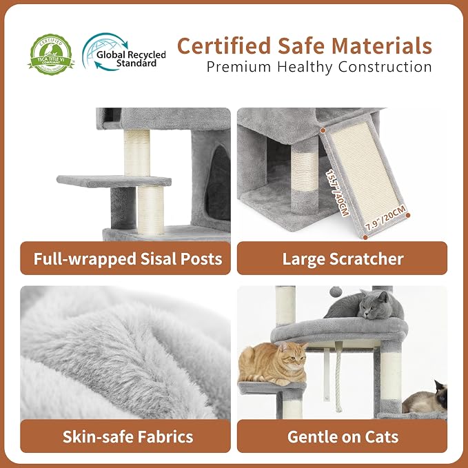 Heybly Cat Tree, 74-Inch Streamlined Cat Tower for Large Cats HCT061W | Cat Furniture with 3-Tier Stacked Condos, Large Perch, Sturdy Base, Full Sisal Scratching Posts & Ramp, Light Gray - Image 6