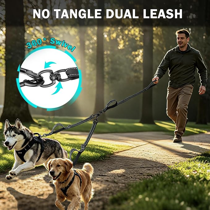 Uppetly Double Dog Leash for 2 Dogs, No Tangle Dual Leashes for Walking with Adjustable Length, Reflective Stitching and 4 Comfortable Padded Handles (Large, Black) - Image 2